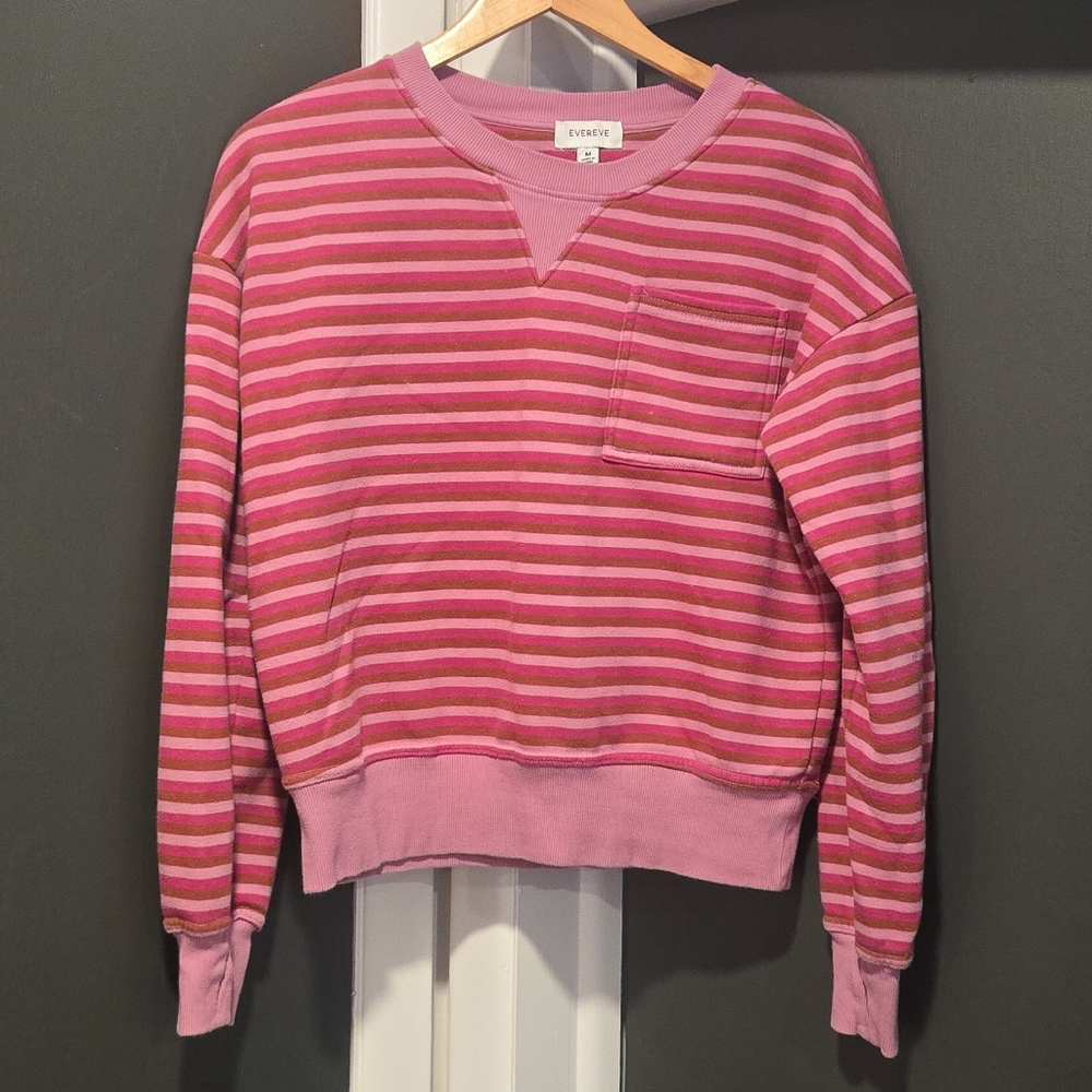 Evereve pink and brown striped crewneck pocket sweatshirt with thumbholes